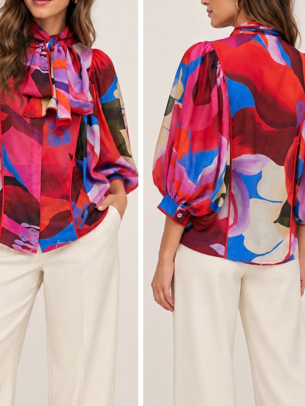 Farm Rio Watercolor Floral Blue Balloon Sleeve Tie Neck Blouse